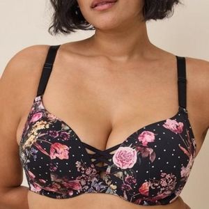 XO Plunge Push up 360 Back Smoothing Trance Floral Black Bra